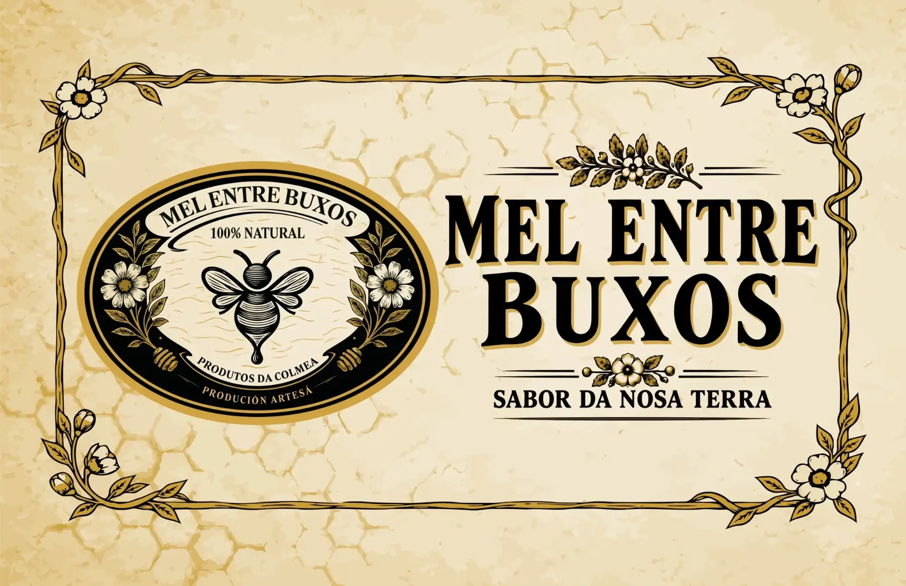 Identidad de Mel Entre Buxos con abeja y motivos florales